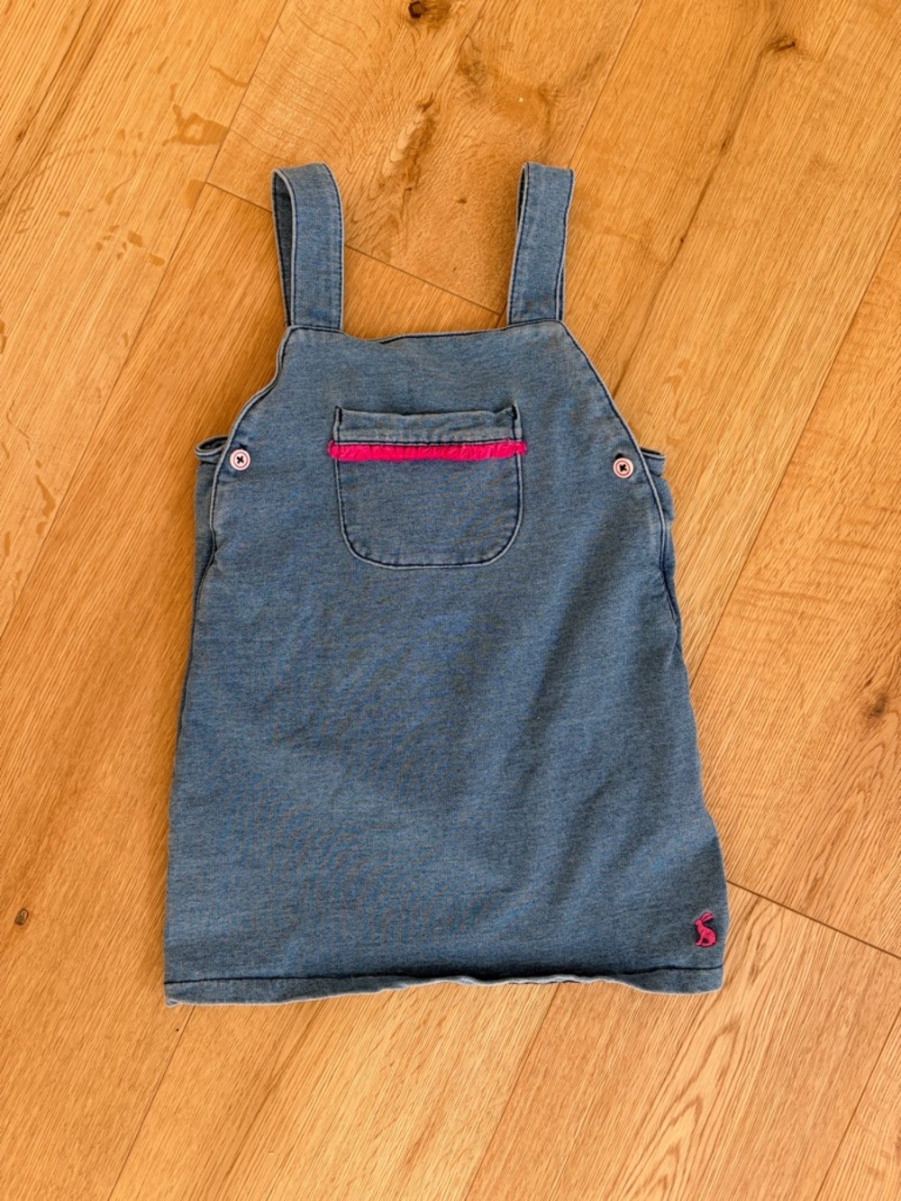 Joules Blue Denim-Style Overall Dress with Pink Trim 12-18 months